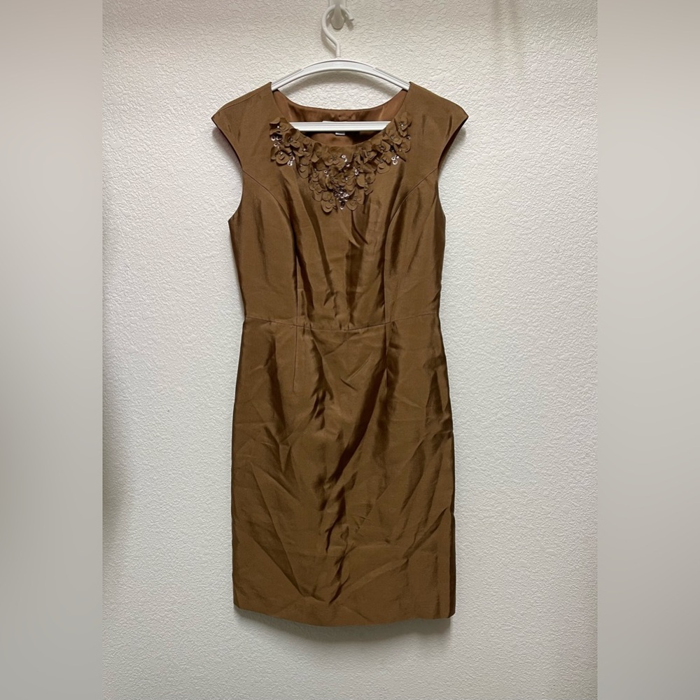 BODEN Chic Chocolate Brown Silk Pencil Dress Floral Sequin Neckline Size 6